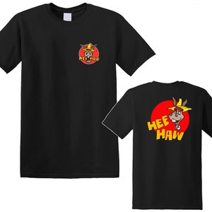 May include: Two black t-shirts with a cartoon donkey wearing a yellow hat and the words "Hee Haw" in a red circle. One shirt has the image on the front and the other has the image on the back.