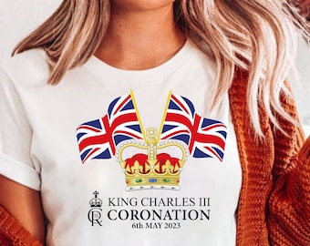 Kung Charles krönings-t-shirt, brittisk monarki-t-shirt, krönings-t-shirt för barn, kvinnor och män, juvelkrona/flagga