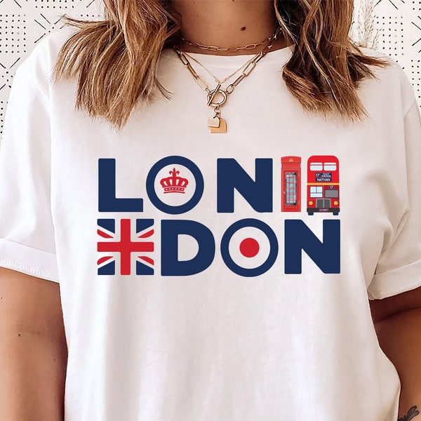 London England T shirt Union Jack Telephone and Bus Printed Adult Souvenir unisex regular fit T-shirts, LONDON