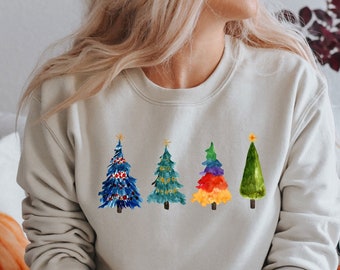 Sudadera con árbol de Navidad, sudadera navideña, linda camiseta navideña, camiseta festiva, camiseta navideña para mujer, árbol colorido 3 sin texto (SWT)