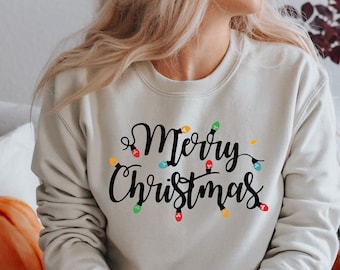 SANTA Claus Merry Bright Sweatshirt, Christmas Sweatshirt, Holiday SweatShirt, Women&#39;s Christmas Shirt, Merry Light (SWT)