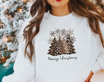 Christmas Tree sweatshirt, Christmas sweatshirt, Cute Christmas Shirt, Holiday Shirt, Women&#39;s Christmas Shirt,  LEOPARD CHRISTMAS TREE( Swt)