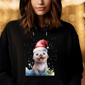 Merry Christmas Hoodie, Nightmare Before Xmass Top, reindeer, snowman, santa Hat, Elf,festive holiday season,Seal with Christmas Hat (Hod)