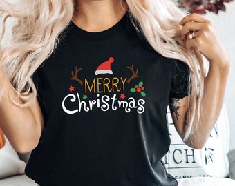 Merry Christmas Santa Hat Reindeer Shirt Cute Christmas T-shirt Christmas Tshirt Women&#39;s Christmas Shirt Holiday  Tshirts, Santa Hat