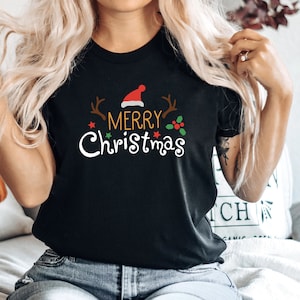 Merry Christmas Santa Hat Reindeer Shirt Cute Christmas T-shirt Christmas Tshirt Women's Christmas Shirt Holiday Christmas T shirts