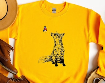 Fox and Butterfly Sweatshirt, Organic Cotton, Nature Top, Vegan Friendly Sweatshirt, Hand Drawn Graphic Tee, Soft Fitted Shirts for Women