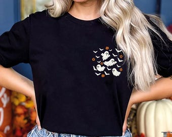 Camiseta de Halloween espeluznante, camiseta divertida de Halloween para mujer, regalo de Halloween, camiseta de calabaza, camiseta de Halloween para niños, calabaza fantasma y murciélago