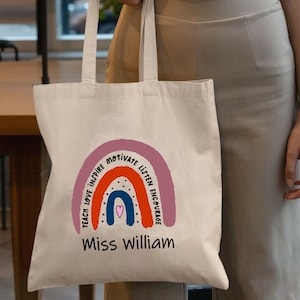Borsa per insegnanti personalizzata, borsa tote personalizzata per insegnanti, qualsiasi nome, borsa tote arcobaleno, regalo per insegnanti, regalo di fine scuola per insegnanti, regalo di laurea