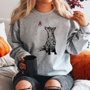 Fox and Butterfly Sweatshirt, Organic Cotton, Nature Top, Vegan Friendly Sweatshirt, Hand Drawn Graphic Tee, Soft Fitted Shirts for Women