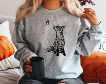 Fox and Butterfly Sweatshirt, Organic Cotton, Nature Top, Vegan Friendly Sweatshirt, Hand Drawn Graphic Tee, Soft Fitted Shirts for Women