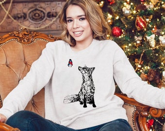 Fox and Butterfly Sweatshirt, Organic Cotton, Nature Top, Vegan Friendly Sweatshirt, Hand Drawn Graphic Tee, Soft Fitted Shirts for Women