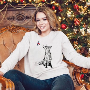 Fox and Butterfly Sweatshirt, Organic Cotton, Nature Top, Vegan Friendly Sweatshirt, Hand Drawn Graphic Tee, Soft Fitted Shirts for Women