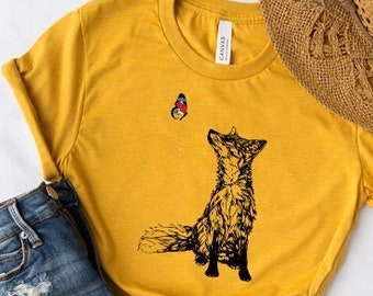 Fox and Butterfly Shirt, Pure Cotton, Nature Top,  Hand Drawn Graphic Tee, Fitted Shirts for Women, Fox and Butterfly