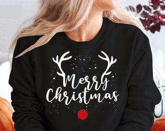 Sudadera con reno y árbol de Navidad, sudadera navideña, sudadera navideña, camiseta navideña para mujer, Reindeer2 (SWT)