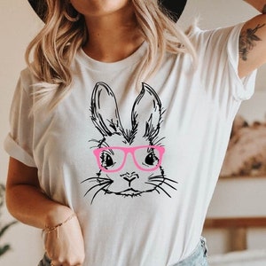 Bunny Shirt Floral Rabbit Shirt Lente T-shirt Pasen T-shirt Bunny Shirt Dierenliefhebber Natuurliefhebber, KONIJNTJE MET GLAS afbeelding 2