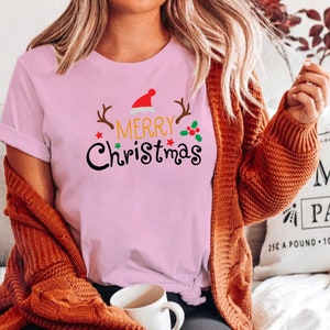 Merry Christmas Santa Hat Reindeer Shirt Cute Christmas T-shirt Christmas Tshirt Women's Christmas Shirt Holiday Christmas T shirts image 4