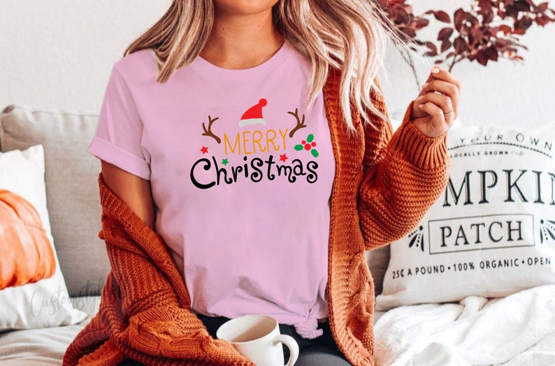 Merry Christmas Santa Hat Reindeer Shirt Cute Christmas T-shirt Christmas Tshirt Women's Christmas Shirt Holiday Christmas T shirts image 4