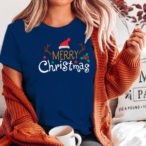 Merry Christmas Santa Hat Reindeer Shirt Cute Christmas T-shirt Christmas Tshirt Women's Christmas Shirt Holiday Christmas T shirts image 2