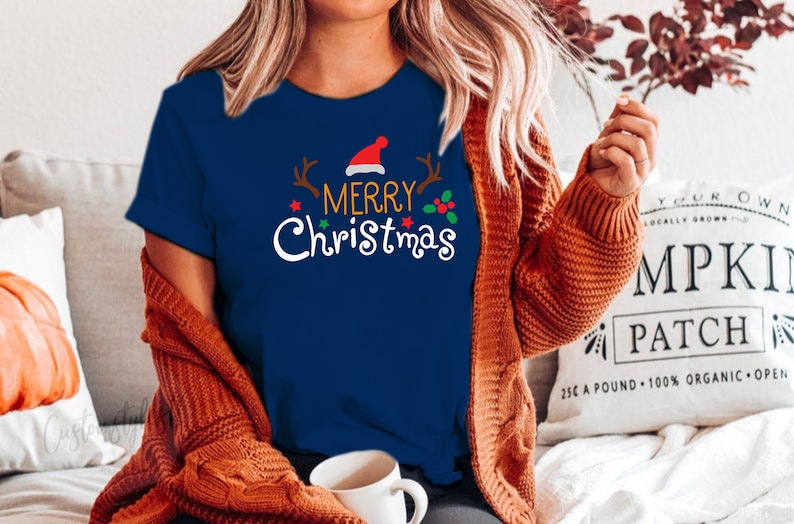 Merry Christmas Santa Hat Reindeer Shirt Cute Christmas T-shirt Christmas Tshirt Women's Christmas Shirt Holiday Christmas T shirts image 2