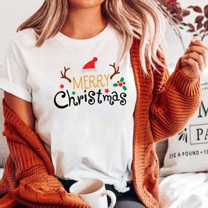 Merry Christmas Santa Hat Reindeer Shirt Cute Christmas T-shirt Christmas Tshirt Women's Christmas Shirt Holiday Christmas T shirts image 5