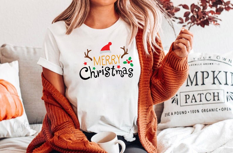 Merry Christmas Santa Hat Reindeer Shirt Cute Christmas T-shirt Christmas Tshirt Women's Christmas Shirt Holiday Christmas T shirts image 5