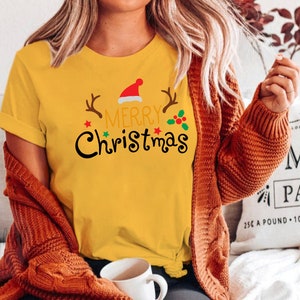 Merry Christmas Santa Hat Reindeer Shirt Cute Christmas T-shirt Christmas Tshirt Women's Christmas Shirt Holiday Christmas T shirts image 6