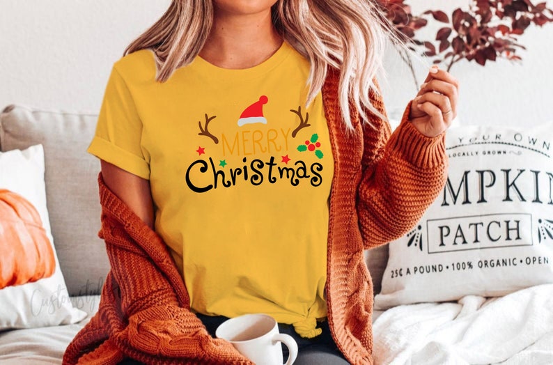 Merry Christmas Santa Hat Reindeer Shirt Cute Christmas T-shirt Christmas Tshirt Women's Christmas Shirt Holiday Christmas T shirts image 6