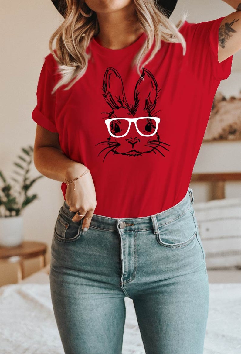 Bunny Shirt Floral Rabbit Shirt Lente T-shirt Pasen T-shirt Bunny Shirt Dierenliefhebber Natuurliefhebber, KONIJNTJE MET GLAS afbeelding 4