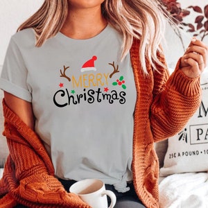 Merry Christmas Santa Hat Reindeer Shirt Cute Christmas T-shirt Christmas Tshirt Women's Christmas Shirt Holiday Christmas T shirts image 3