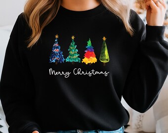 Sudadera con árbol de Navidad colorido - Suéter navideño familiar para vacaciones Árbol de Navidad colorido SWT