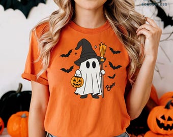 Camiseta de bruja de Halloween, camiseta divertida de Halloween para mujer, regalo de Halloween, camiseta de cuatro gansos, camiseta de pollito o dulce, camiseta de Halloween para niños, Boo y escoba