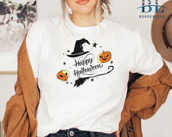 Camiseta de Halloween espeluznante, camiseta divertida de Halloween para mujer, regalo de Halloween, camiseta de calabaza, camiseta de Halloween para niños, fantasma de calabaza y murciélago, Delli