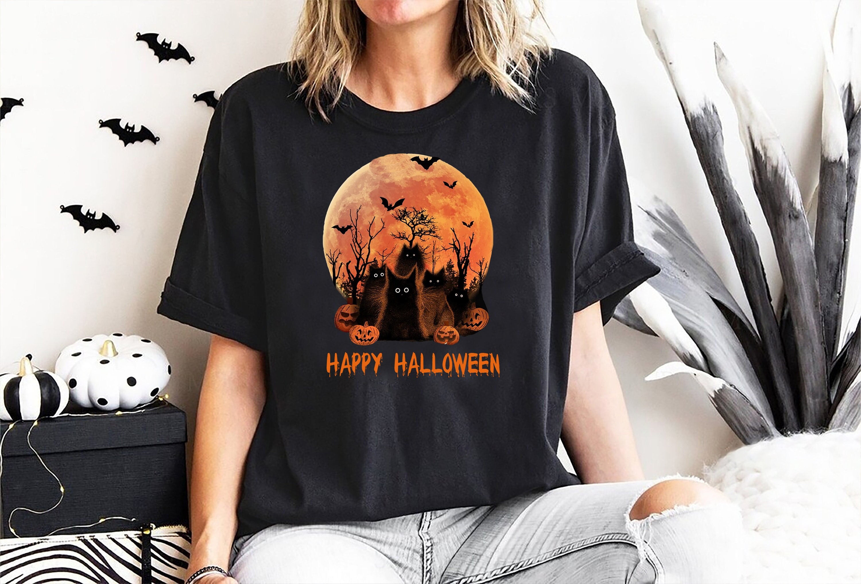 Witch scary Halloween shirt, ladies funny Halloween shirt, Halloween Gift Shirt Friends Birthday, trick or treat, kids tee,Cat Pumpkin Night