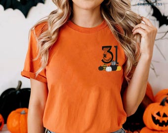 Camiseta de Halloween espeluznante, camiseta divertida de Halloween para mujer, regalo de Halloween, camiseta de calabaza, camiseta de Halloween para niños, calabaza fantasma y murciélago, 31 de octubre