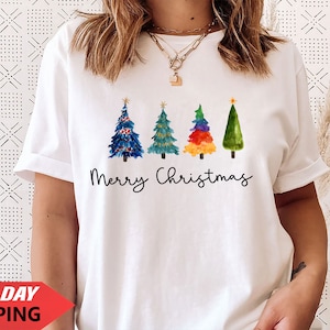 Camiseta de reno de Feliz Navidad, gorro de Papá Noel, disfraz de elfo navideño familiar vintage con árbol de Navidad, árbol colorido 3 (Tsrt)