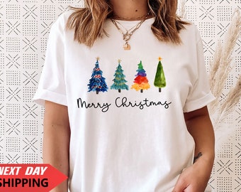 Camiseta de reno navideño con gorro de Papá Noel, disfraz de elfo navideño familiar vintage, árbol de Navidad colorido 3 (Tsrt)