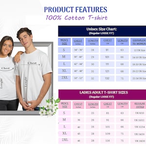 May include: A white 100% cotton t-shirt size chart featuring two tables for unisex and ladies adult regular loose fit sizing. The charts display chest and length measurements in inches and centimeters, alongside UK size equivalents for reference.