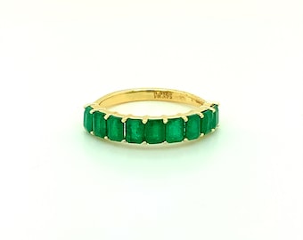 14K Yellow Gold Green Sapphire Half Eternity Band, 14k Solid Gold Ring, Natural Sapphire Ring, May Birthstone Ring, Anniversary Gift For Her