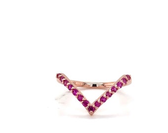 14k Rose Gold Pink Sapphire V Ring, September Birthstone Ring, 14K Solid Gold Ring, Natural Sapphire Ring, Rare Elegance Anniversary Gift