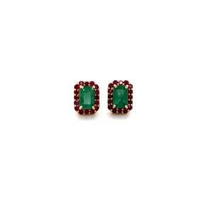 May include: A pair of stud earrings featuring a central rectangular emerald gemstone surrounded by a halo of small round red rubies set in yellow gold. The earrings have a classic rectangular shape with a vibrant green center and a deep red border.