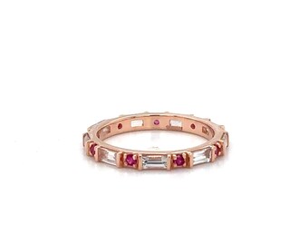 14K Rose Gold White & Pink Sapphire Stackable Ring, 14K Solid Gold Ring, Natural Sapphire Stones Ring, Anniversary Gift, Everyday Minimalist