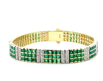 14K Yellow Gold Emerald and Diamond Tennis Bracelet, Solid Gold Bracelet, Natural Emerald Bracelet, Natural Diamond Bracelet, Gift For Her