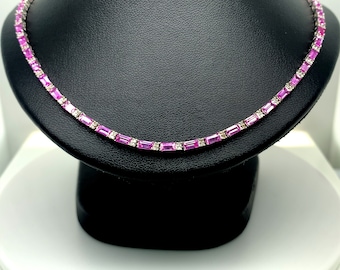 14k Pink Sapphire Baguette Necklace / 14k gold diamond necklace / pink sapphire diamond necklace / anniversary presents / gifts for her