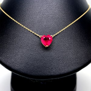 14K Yellow Gold Heart Necklace: Red Glass-Filled Ruby Pendant