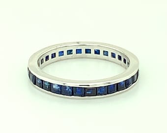 14K White Gold Blue Sapphire Eternity Band, 14k Solid White Gold Ring, Natural Blue Sapphire Ring, Anniversary Gift For Her, Deep Blue Color