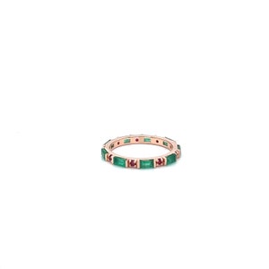 14K Solid Rose Gold Ruby Emerald Baguette Eternity Band, Natural Ruby Accent Stones, Stackable Rings, Anniversary Gift for Her
