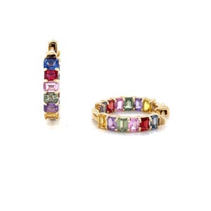 14K Small Gold Hoop Earrings / multicolor gemstone earrings / Sapphire Earrings / 14k gold jewelry / colorful hoop earrings
