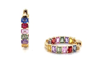 14K Small Gold Hoop Earrings / multicolor gemstone earrings / Sapphire Earrings / 14k gold jewelry / colorful hoop earrings