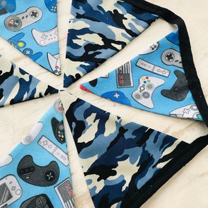 Blue Army Print Gaming Gamer Bunting Black Console Fun Bunting Room Decor Party Flags