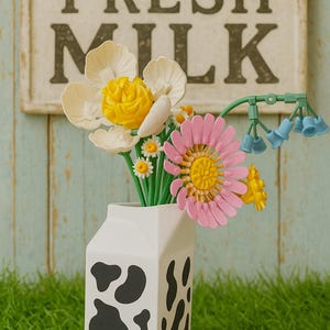 May include: A milk carton vase, decorated with black cow markings, displays a vibrant arrangement of artificial flowers. The bouquet features white, yellow, and pink blossoms. A sign in the background reads "FRESH MILK". The display is set on green grass.